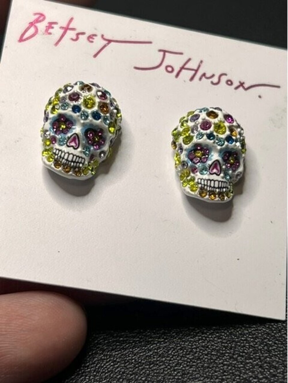 B6290 Betsey Johnson Multi-Color Rhinestone Sugar Skull Stud Earrings